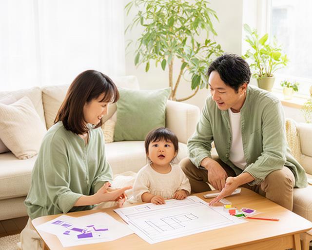 敦賀の明るいリビングで家計表を見ながら話す共働き夫婦と幼い子ども